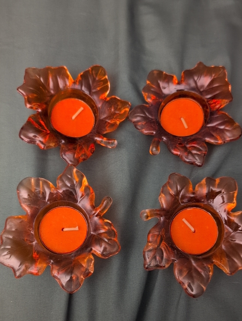 Amber Leaf Glass Tea Light Holders - Set of 4